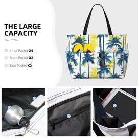 BJQ Beach Tote Bag for Women Beach Bag Waterproof and Sandproof Tote Bag with Wet Bag Large Travel Bag for Weekend Travel, Palmtree, Large
