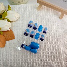 24Pcs Blue Press on Nails Square Fake Nails Gold Line Designs False Nails Medium Press on Nails Shiny Acrylic Nails for Women and Girls Full Cover Stick on Nails Reusable Artificial Nails