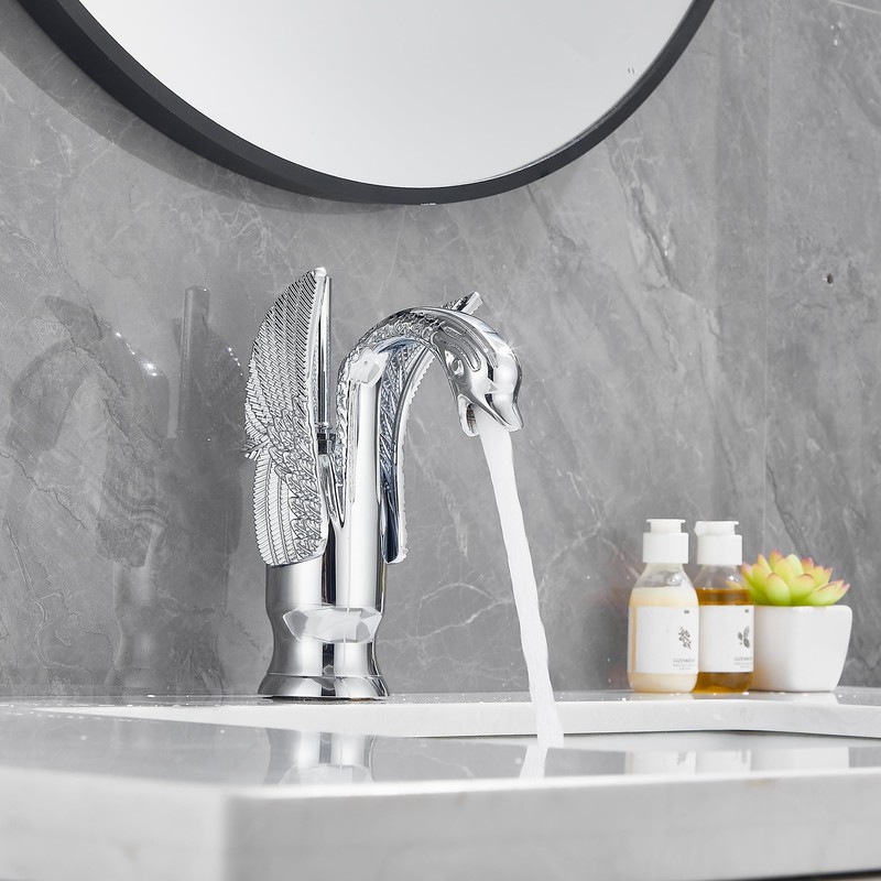 GGStudy Chrome Bathroom Faucet Swan Shape Single Handle One Hole