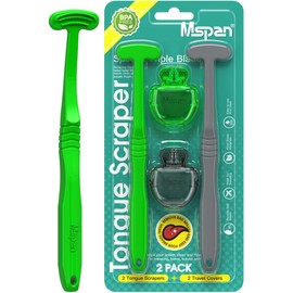 Mspan Tongue Scraper for Adults & Kids: Tongue Cleaner Brush Dental Clean Care Kit with Plastic Travel Case Cover - Oral Hygiene Fresh Breath Green Grey 2 Pack