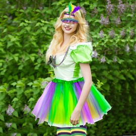 Dolkoic Mardi Gras Costume Accessory Set with Headband Tutu Skirt Mask Mardi Gras Beads Stocking 80s Cospaly for Women and Girls