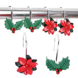 12PCS Christmas Shower Curtain Hooks Flowers Holly & Berry Decorative, Shower Curtain Hangers Rings for Bathroom Decoration