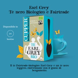 CUPPER Tè Nero Earl Grey Biologico e Fairtrade, Ingredienti da Agricoltura Biologica, Gusto Leggero e Rinfrescante, Filtri 100% Biodegradabili, Confezione da 20 Bustine