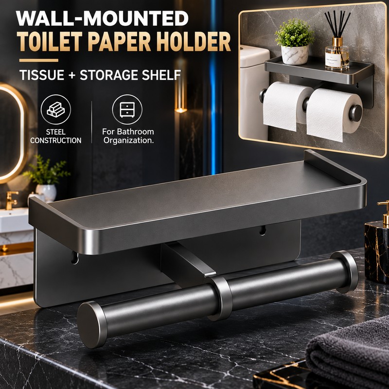 Wall Mounted Toilet Paper Holder with Storage Shelf – Black
