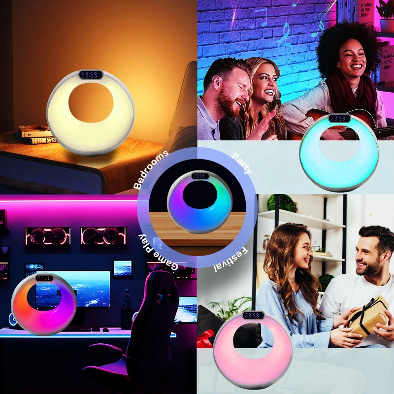 Wireless Speaker Bedside Night Light Digital Alarm Clock Smart APP