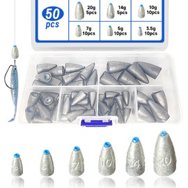 XSHAO Pack of 50 Carolina Rig, Bullet Sinker 3.5g/5g/7g/10g/14g/20g with Storage Box for Sea Fishing, Deep Sea and Freshwater Fish
