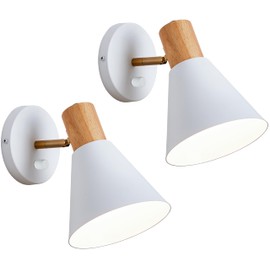 ClanKin Wall Sconces Lighting Set of 2 for Bedroom, White Dimmable Wood Style Wall Sconce Reading Lamp, Adjustable Wall Light for Bedroom Hallway Living Room (White-Hardwired, 2)