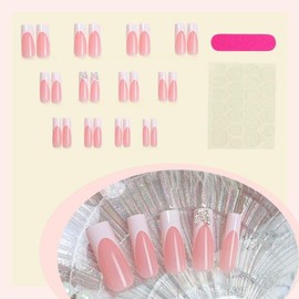 QQPPOLIU Long Press on Nails with Butterfly Design Fake Nails White French Tip Glue on Nails Pink Full Cover Acrylic Nails for Women 24pcs