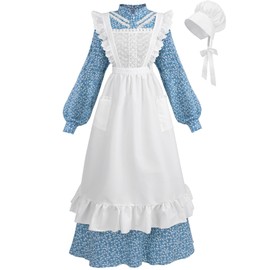 CR ROLECOS Colonial Prairie Dress for Women Long Sleeve Pioneer Costume Amish Old Fashioned Floral Dresses Blue L