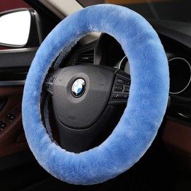 Fuzzy Fluffy Soft Wool Sheepskin Fur Blue car Steering Wheel Cover for Adults Girls Women Men Protector Universal 14 1/2-15 1/2inchs (Sky Blue)