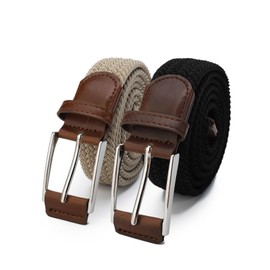 GLITZALL Elastic Mens Stretch Belt,Men Gift Woven Braided Web Belts for Golf Pants Shirts Jeans,Beige/Black,Size 49"
