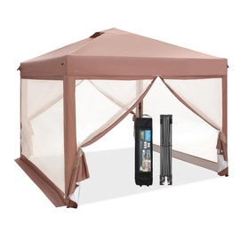 MFSTUDIO 10'x10' Pop Up Canopy Tent with Netting, Portable Instant Folding Canopy, Outdoor Canopy Screen Event Tent with 4 Zippered Mesh Netting for Garden, Brown