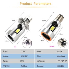 YSY H4 LED Motorcycle Headlight Bulb Hi/Lo Beam 20W 2000LM 6000K Cool White with Blue Angel Eye Daytime Running Light (H4, Angel eye blue)