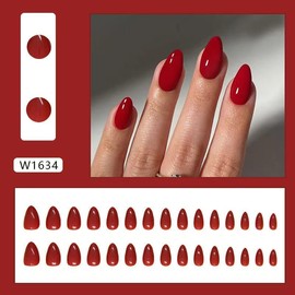 Red Fake Nails Short Almond Press on Nails Solid Red Color False Nails Reusable Glossy Artificial Acrylic Nails Full Cover Glue on Nails Press ons for Women Girls Manicure 24pcs