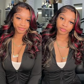 Aolvoblees Red Blonde Black Skunk Stripe Human Hair Wig Highlight Burgundy Ombre 250% Density 13X4 Body Wave HD Lace Front Frontal Colored Wigs Human Hair Pre Plucked for Black Women 30 Inch