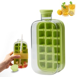 Ice Cube Bottle with Straw, 2 In1 Touch-Free Ice Cube Tray and Water Bottle, 2025 New One Touch Ice Release & No Need to Touch Easy to Carry, for Juice, Coffee and Other Beverages (Green)