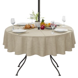 LUSHVIDA Outdoor Tablecloth with Umbrella Hole - Patio Table Cloth Zippered Round 60 Inch, Faux Linen Table Cover Water Resistant for Picnic Outside, Natural Color