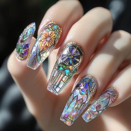 Gifiky 24Pcs Marble Nails Tip Press on Nails - Long Coffin False Nails with Acrylic Glass patterns Design, Gradient Fake Nails for Women,Reusable Glue on Nails Full Cover Tips