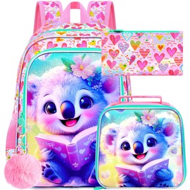 gxtvo 3PCS Koala Backpack for Girls, 16" Kids Bookbag with Lunch Box, Water Resistant School Bag for Elementary Preschool Toddler - Reading Koala Pink