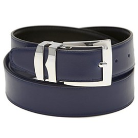 Men's Belt Reversible Wide Bonded Leather Silver-Tone Buckle NAVY BLUE/Black 56