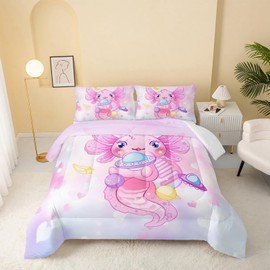 QOOMO Kawaii Axolotl Pattern Printing Kids Comforter Set Pink Heart Soft Lightweight Bed Bedding Set Spacecraft 3D Quilt Set Bedroom Decoration Twin Size 1 Comforter Set 2 Pillowcases