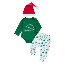 Newborn Baby Boy Girl Christmas Outfit Gingerbread Man Christmas Tree Romper Bodysuit Pants Hat Set Xmas Clothes (Green-A, 0-3 Months)