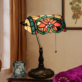 errzom Banker Lamp Tiffany Desk Lamp Victorian Red Green Blue Rose Stained Glass Table Lamp 15" Tall Memory Adjustable Library Piano Reading Lamp Rustic Bedside Night Light for Living Room,E