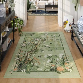 Vowkten 4x6 Rug Chinoiserie-Style Floral Vintage Washable Area Rugs Non Slip Low Pile Small Carpet for Bedroom, Bedside, Kids Room, Office, Dining Room, Green