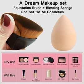 Kabuki Foundation Brush and Makeup Sponges for Foundation, Latex Free Smoothly Makeup Brushes Set for Powder Cream and Liquid, Super Soft Wonder Beauty Cosmetic(2pcs kabuki brush + 2pcs Makeup Sponge)