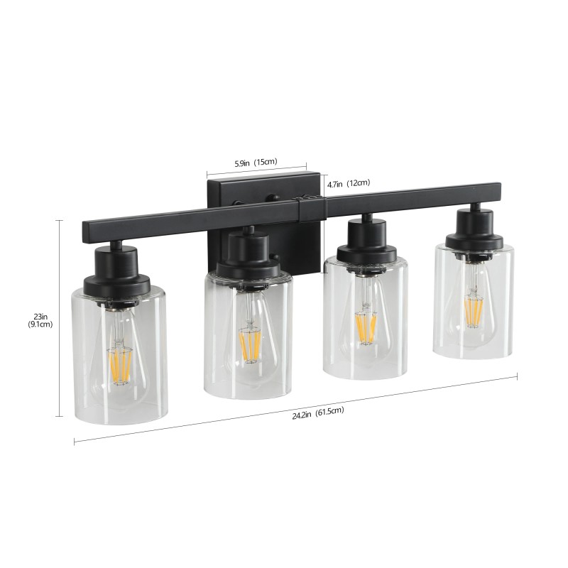24" Modern Black 4-Light Bathroom Vanity Light Fixture, Industrial Wall