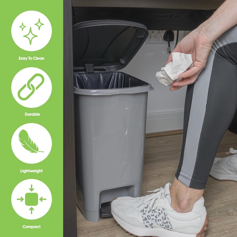 JVL Slim Plastic Lidded Foot Pedal Waste Bin, 10L, Grey