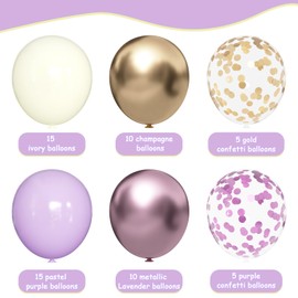 Purple & Gold Balloons - 60pcs 12inch Metallic Lavender & Champagne Balloons with Confetti for Graduation, Wedding, Birthday & Anniversary Celebrations