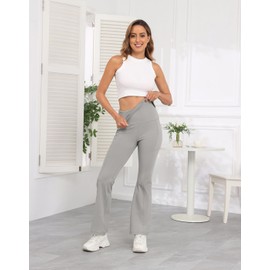 HDE Women's Fold Over Yoga Pants with Pockets High Waist Flare Workout Leggings Light Gray - S