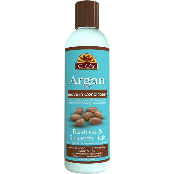 OKAY | Argan Leave In Conditioner | For All Hair Types & Textures | Restore, Hydrate & Smooth Hair | With Coconut, Almond, & Aloe Vera | Free Of Parabens, Silicones, Sulfates | 8 Oz