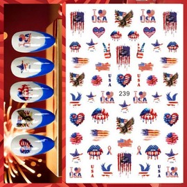 4th of July Nail Stickers Independence Day Nail Decals Self-Adhesive Red Blue American Flag Nail Designs Embossed Heart Star Lips Eagle Summer Nails Art Decoration for Women DIY 8 Sheets