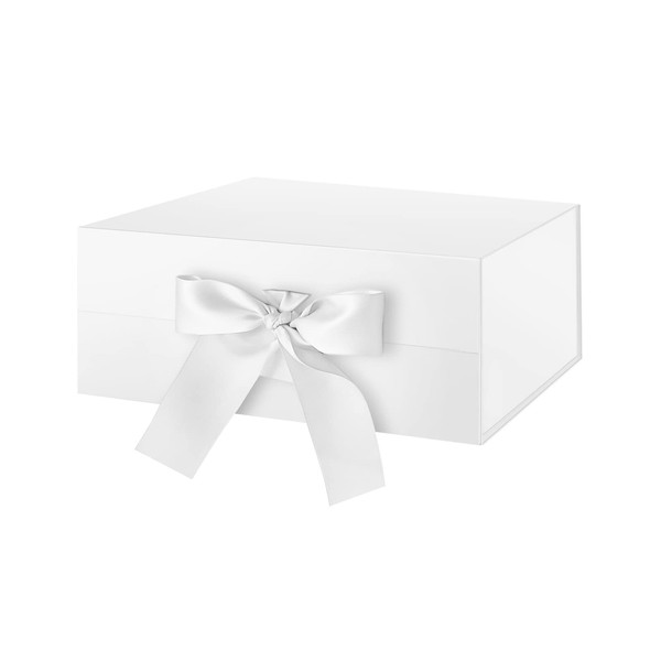 BLK&WH Gift Box with Ribbon 9x6.5x3.8 Inches, White Magnetic Gift Box for Presents, Bridesmaid Proposal Box, Gift Box with Lid (Glossy White)