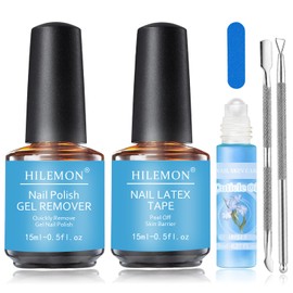 HiLemon Gel Nail Polish Remover Kit, 15ml Quick Gel Remover, Nail Latex Tape & 8ml Cuticle Oil with Vitamin E & Jojoba Oil, Fast & Easy Removal in 3-5 Mins, Includes Nail Tools (Remover&Latex&Oil)