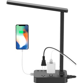 Drevet LED Desk Lamp for College Dorm Room, Desk Light with 1 USB Charging Port 2 AC Power Outlet, 3 Lighting Modes, 3 Level Brightness Touch Lamp, Eye-Caring Home Office Foldable Table Lamp
