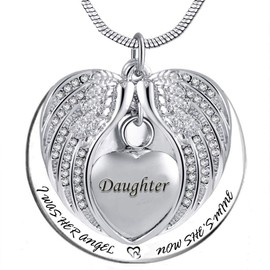 Angel Wing Urn Necklace for Ashes, Heart Cremation Memorial Keepsake Pendant Necklace Jewelry with Fill Kit and Gift Box (Daughter)