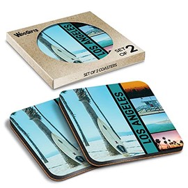 2 x Square Coasters - Los Angeles America USA Surf Cork Backed MDF Glossy Tea Coffee Accessory #63186