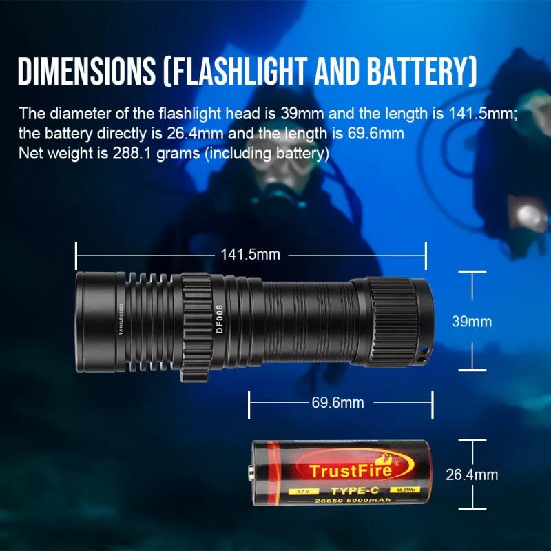 Trustfire DF006 Dive Light 2300LM/100M/3 Mode with Scuba Flashlight Holder