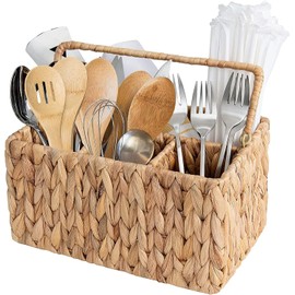JIJO Organizador de Cubiertos con Asa, Caja de Almacenamiento Multiusos de Cocina con 4 Compartimentos, Organizador de Cubertería Decorativo para Cocina, Jardín o Pícnic