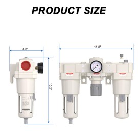 AIRZOE 1” NPT Air Compressor Filter, Regulator and Lubricator Combos FRL - Water Oil Trap Separator AC5000-10, 5 Micron Brass Element, Semi-Auto Drain, 0-150 psi Gauge