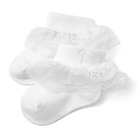 KESICI Baptism Socks for Baby Girls, White Newborn With Cross & Eyelet Frilly Lace, Turn Cuff Christening Socks, 0-6 Months Infant
