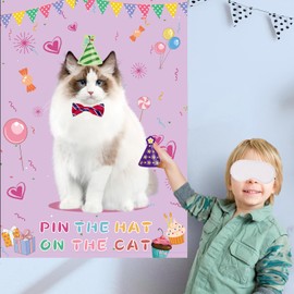 T-Antrix Pin The Hat on The Cat Party Games -Cat Themed Birthday Games for Girls with 21'' x 28'' Poster, Resuable Hats Stickers Carnival Party Supplies Kids Birthday Party Favor Sets