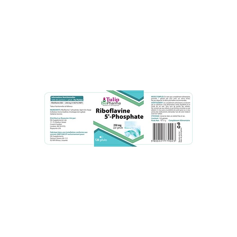 Tulip BioPharma Vitamin B2 (Riboflavin 5'-Phosphate) 250mg 120 Capsules, 3rd