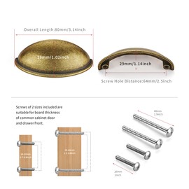 Dosye 2 Pack 2.5 inch Vintage Retro Antique Brass Zinc Alloy Cabinet Knobs Cabinet Cup Pulls Kitchen Hardware Cabinet Handles Drawer Handles Knobs