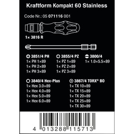 Wera 05071116001 Tool Set, Kraftform Kompakt 60, Stainless Steel, 17-Piece Set