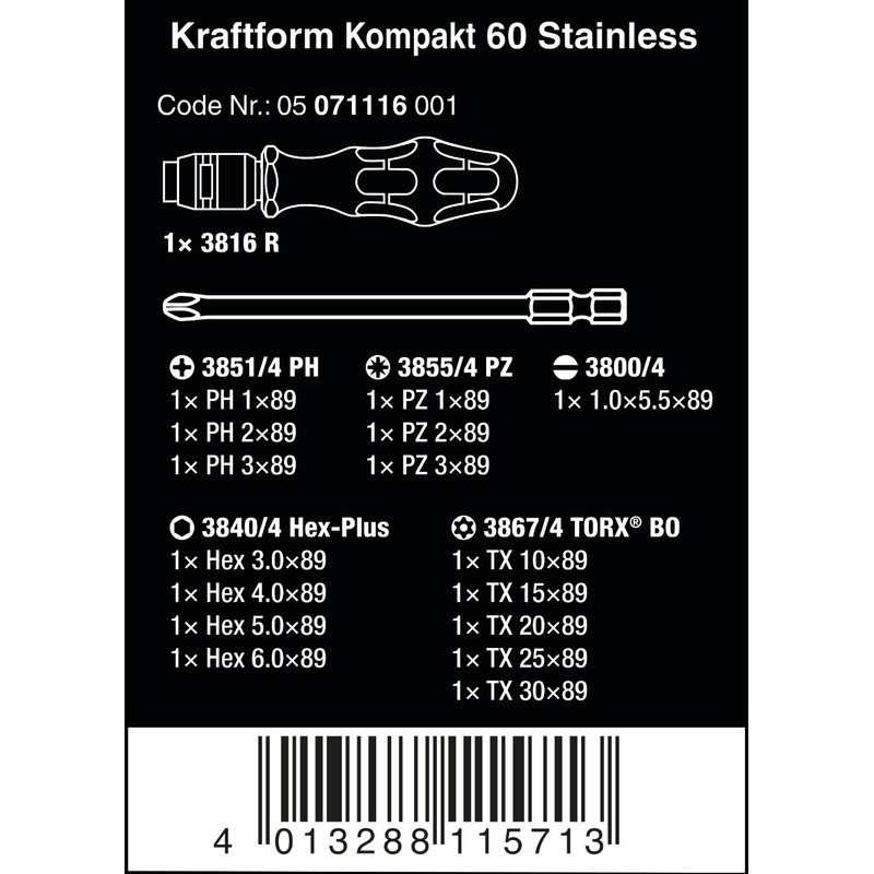 Wera 05071116001 Tool Set, Kraftform Kompakt 60, Stainless Steel, 17-Piece