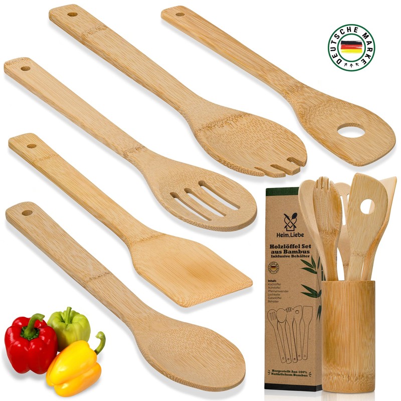 Heim.Liebe Premium Wooden Bamboo Spoon Set Including Container - Sustainable